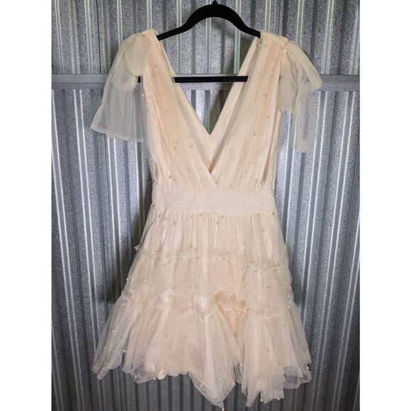 Mable White Pearl Stud/ Swiss Tulle Mini Dress Women's Medium - Picture 2 of 7